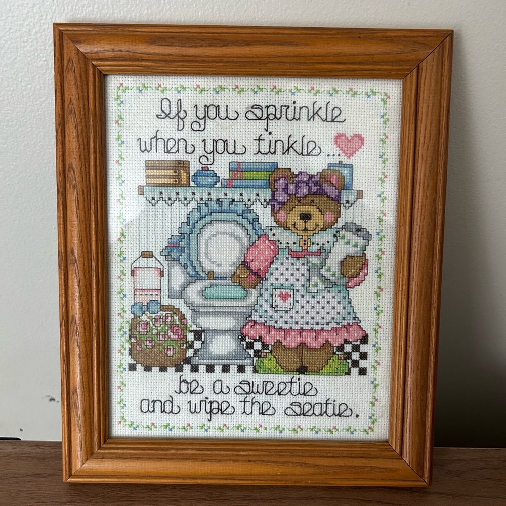 Hand made Framed Bear Cross-Stitch Art